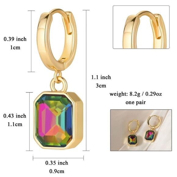 18K Yellow Gold with Vitrail Medium Crystal Dangling Octagon Huggie Earrings - Picture 7 of 7